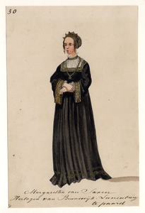 32722 Afbeelding van een kostuumontwerp van Margaretha van Saxen, hertogin van Brunswijk - Lunenburg, figurant in de ...